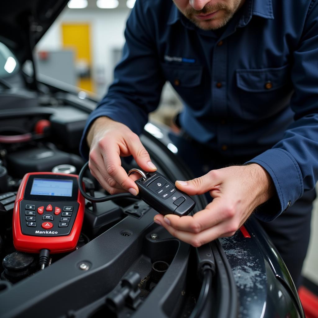 An automotive locksmith programming a car key fob using specialized equipment.