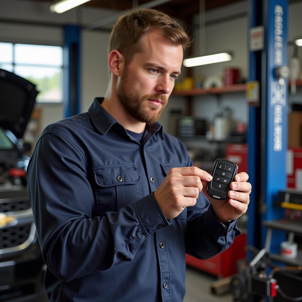 Technician inspecting a Chevy Tahoe key fob