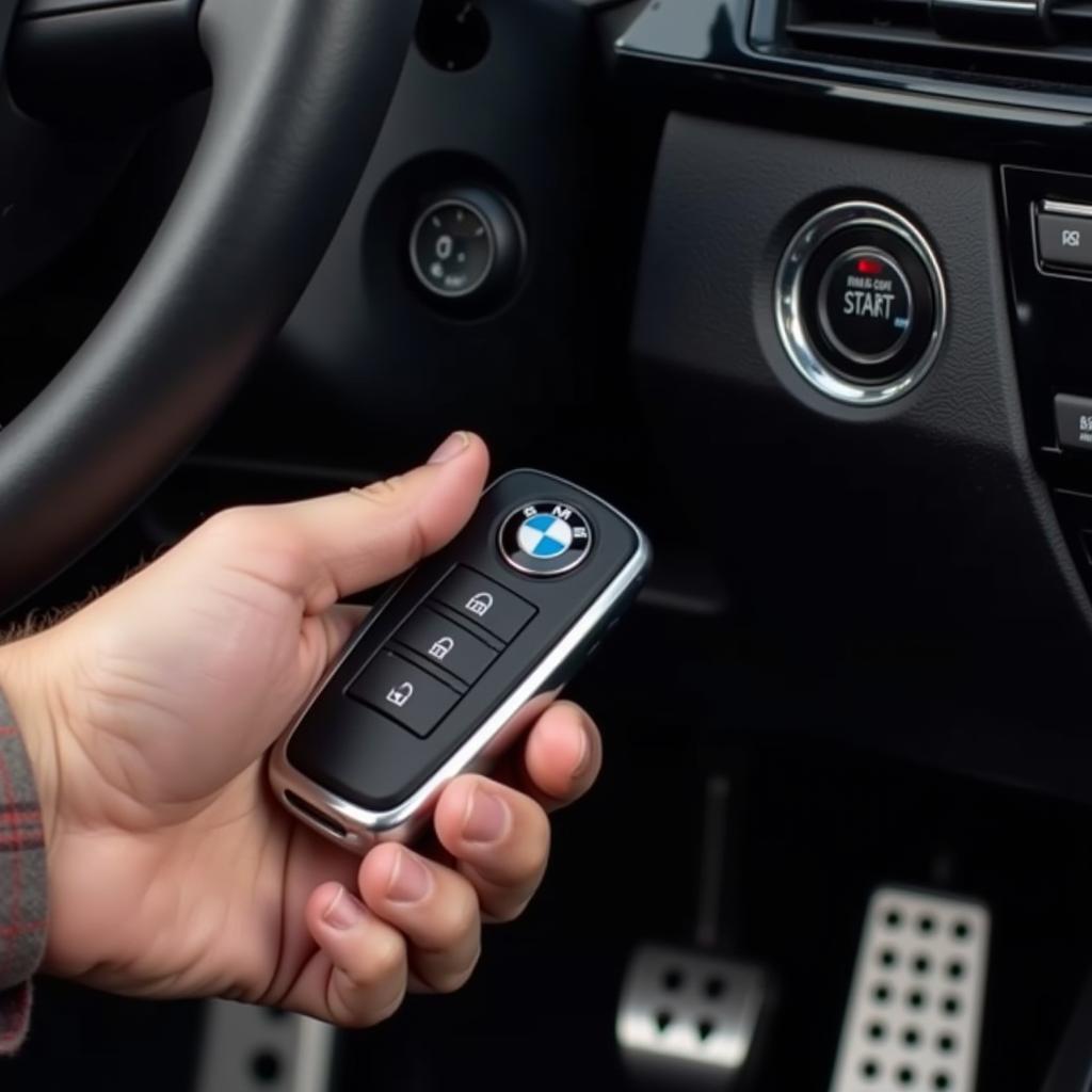 Starting a BMW with a dead key fob by holding it against the start button.