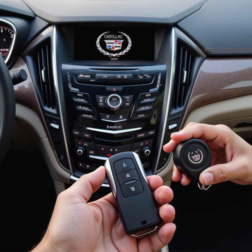 Cadillac SRX key fob programming: A person using a diagnostic tool to program a Cadillac SRX key fob.