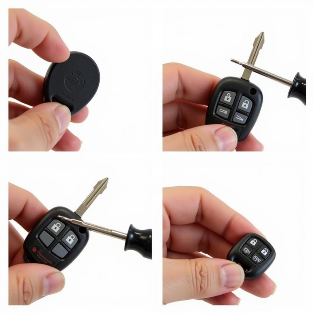 Cadillac SRX key fob battery replacement process: A step-by-step guide to replacing the battery in a Cadillac SRX key fob, showing the tools required, the opening process, battery placement, and closing.