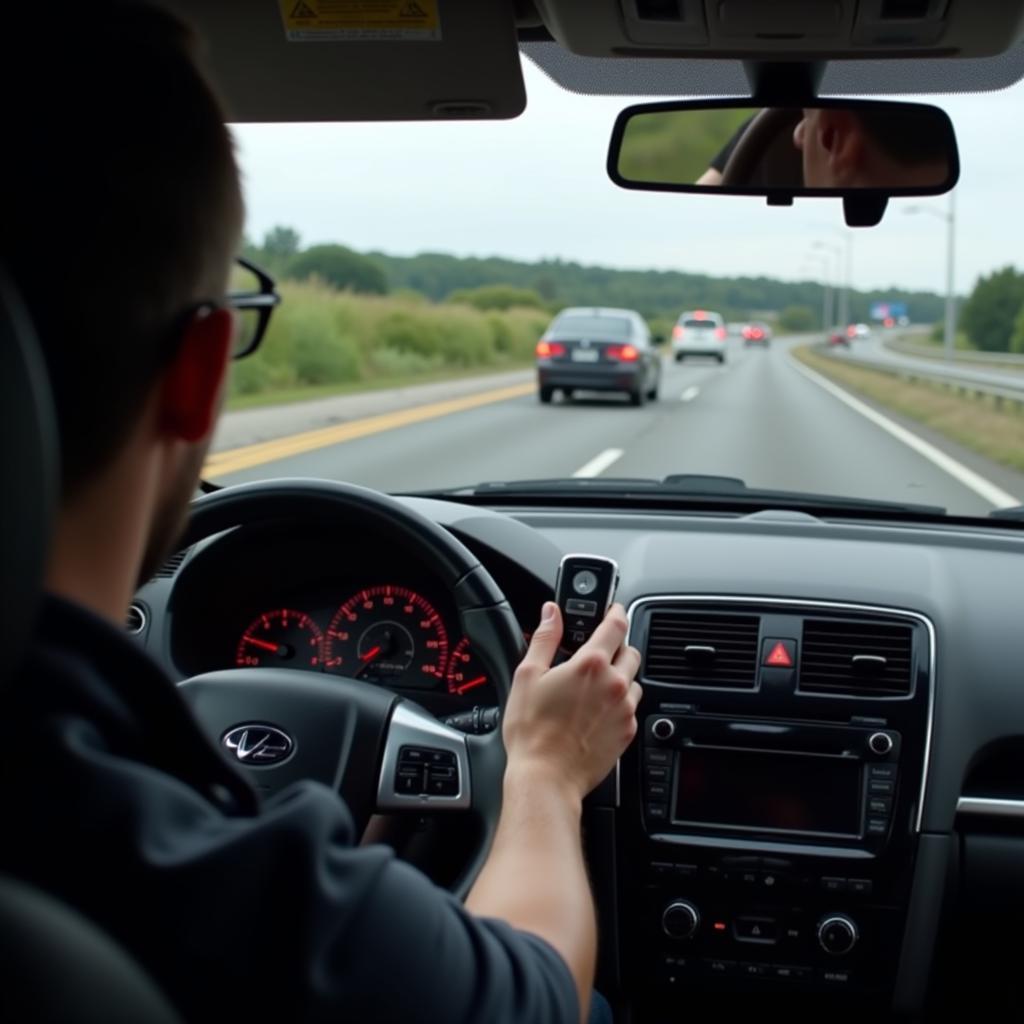 Car driving on highway with low key fob battery warning