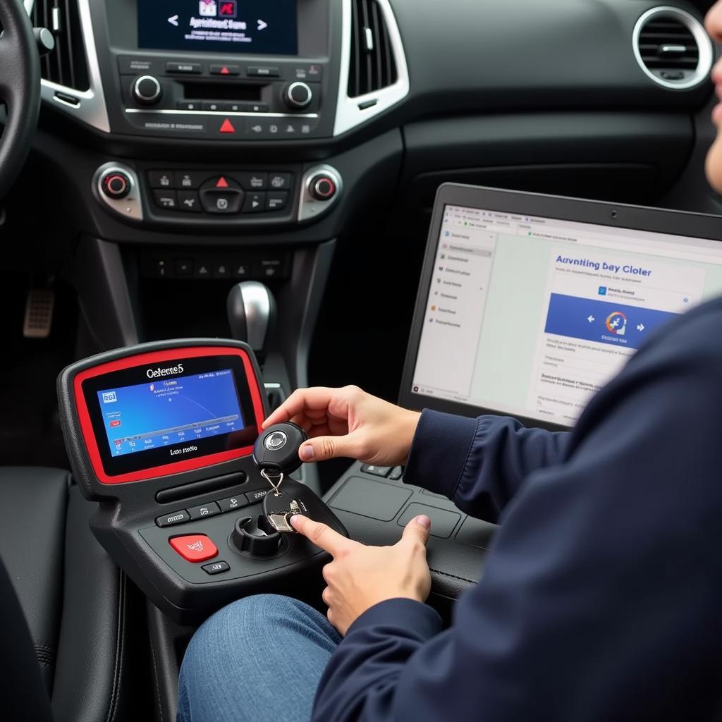 Car Key Fob Programming: A technician using a diagnostic tool to program a car key fob.