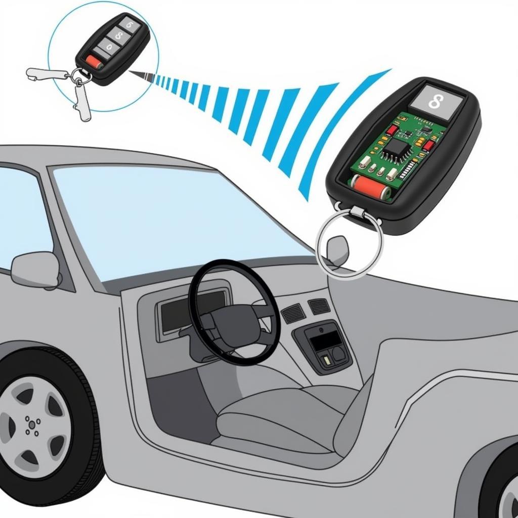 Car Key Fob Transmitting Radio Waves to Car Receiver