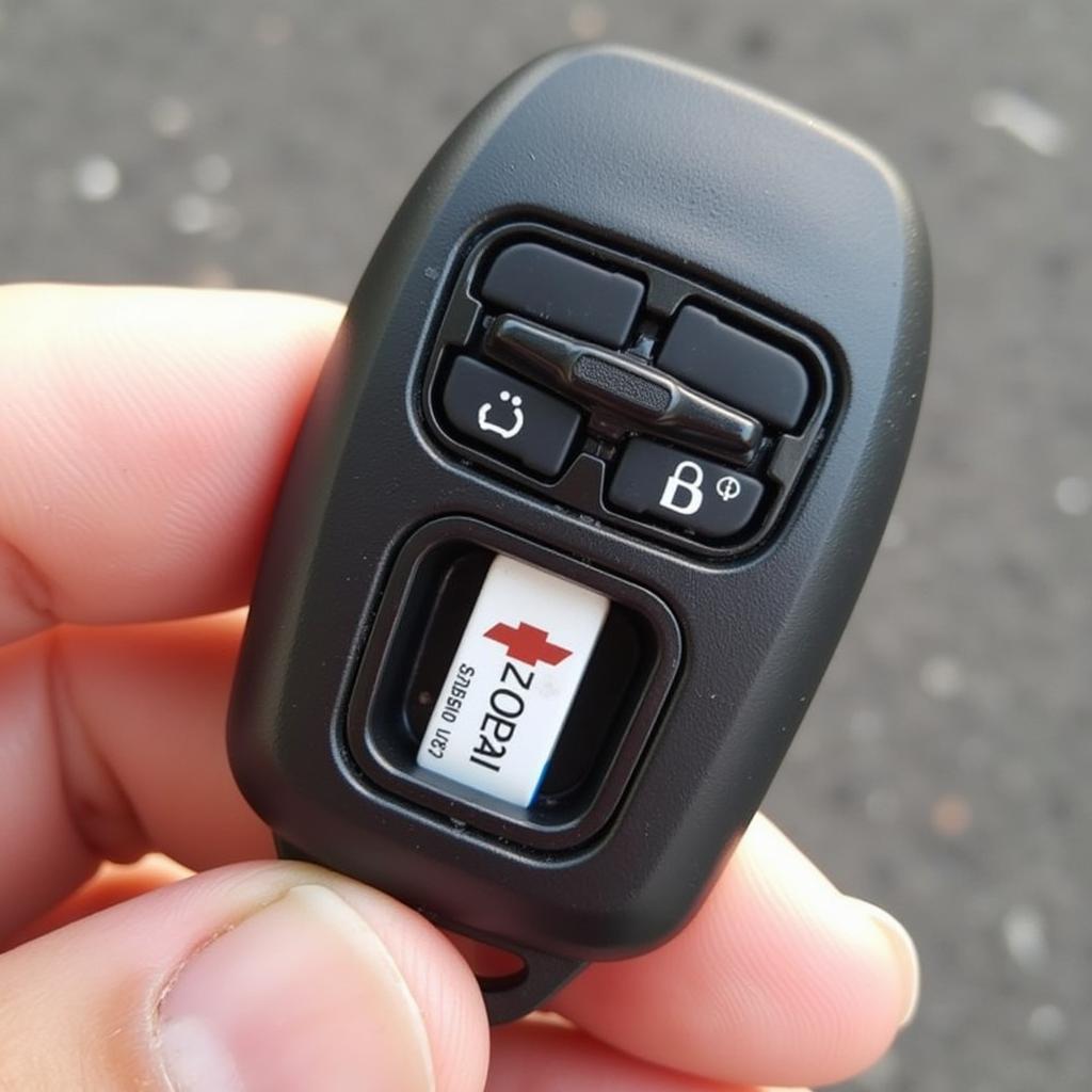 Chevy Impala key fob with a new battery correctly inserted into the battery compartment.