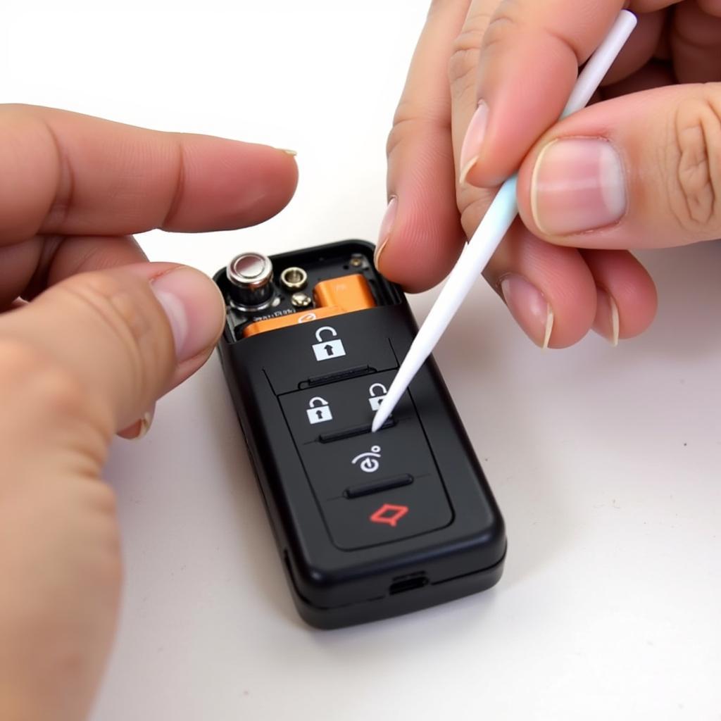 Cleaning the battery contacts of a GMC Terrain key fob.