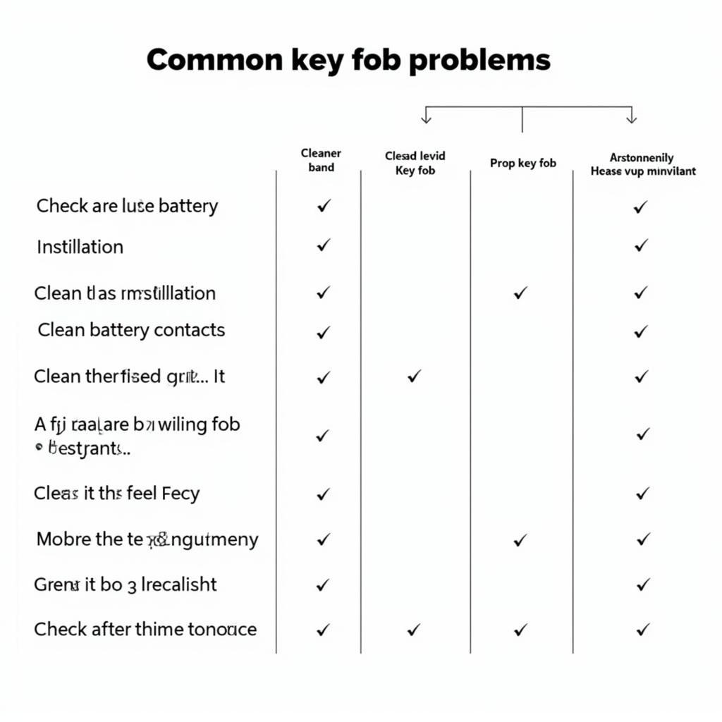 Troubleshooting guide for common key fob issues, such as key fob not working, intermittent functionality, and reduced range.