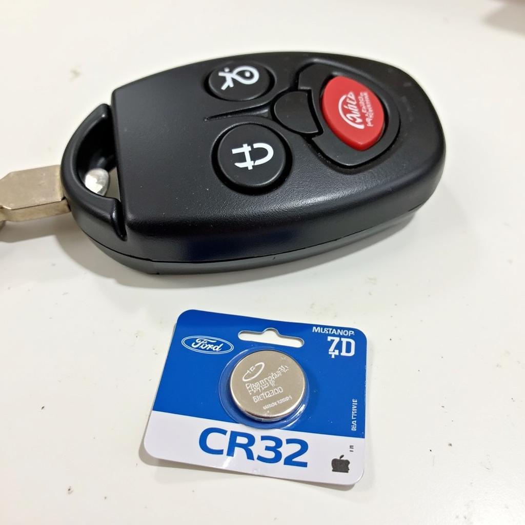 A CR2032 battery next to a 2019 Ford Mustang key fob