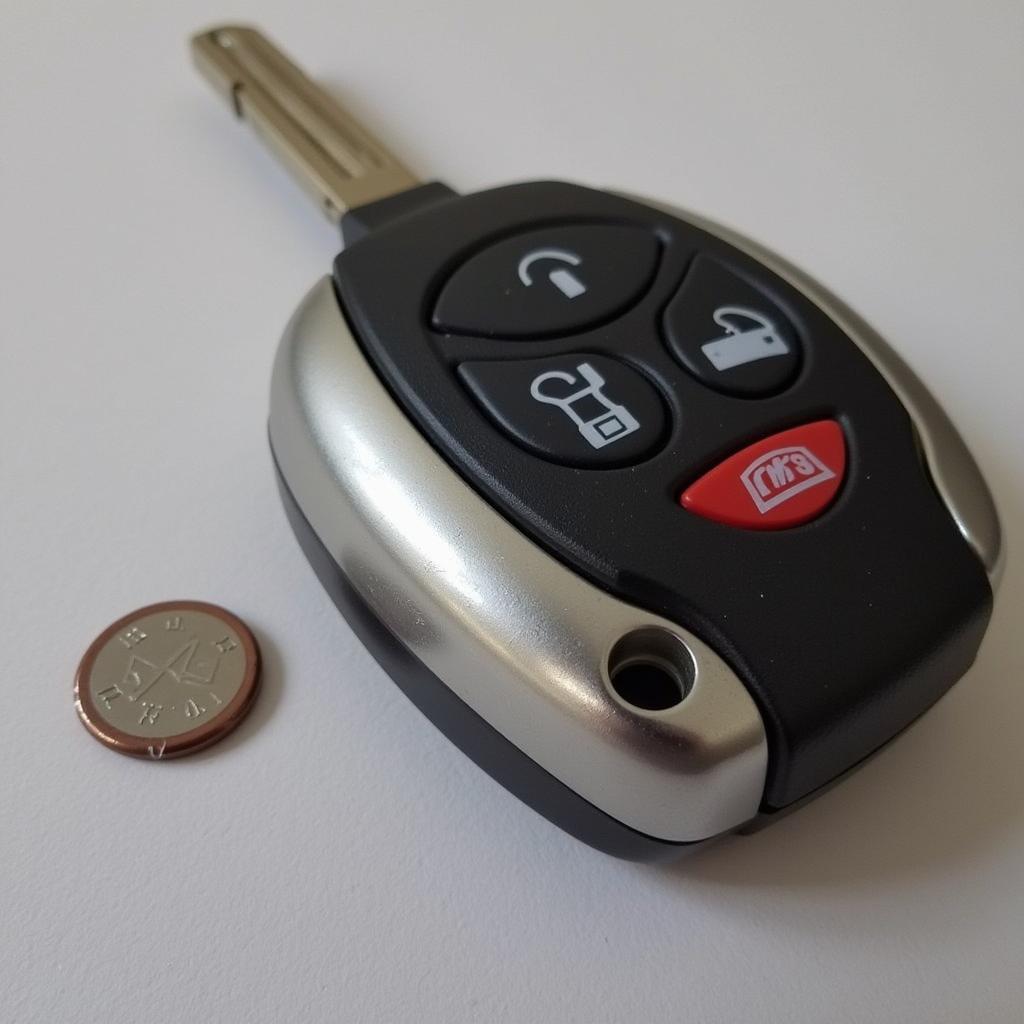 A CR2032 battery next to a 2015 Lexus ES key fob