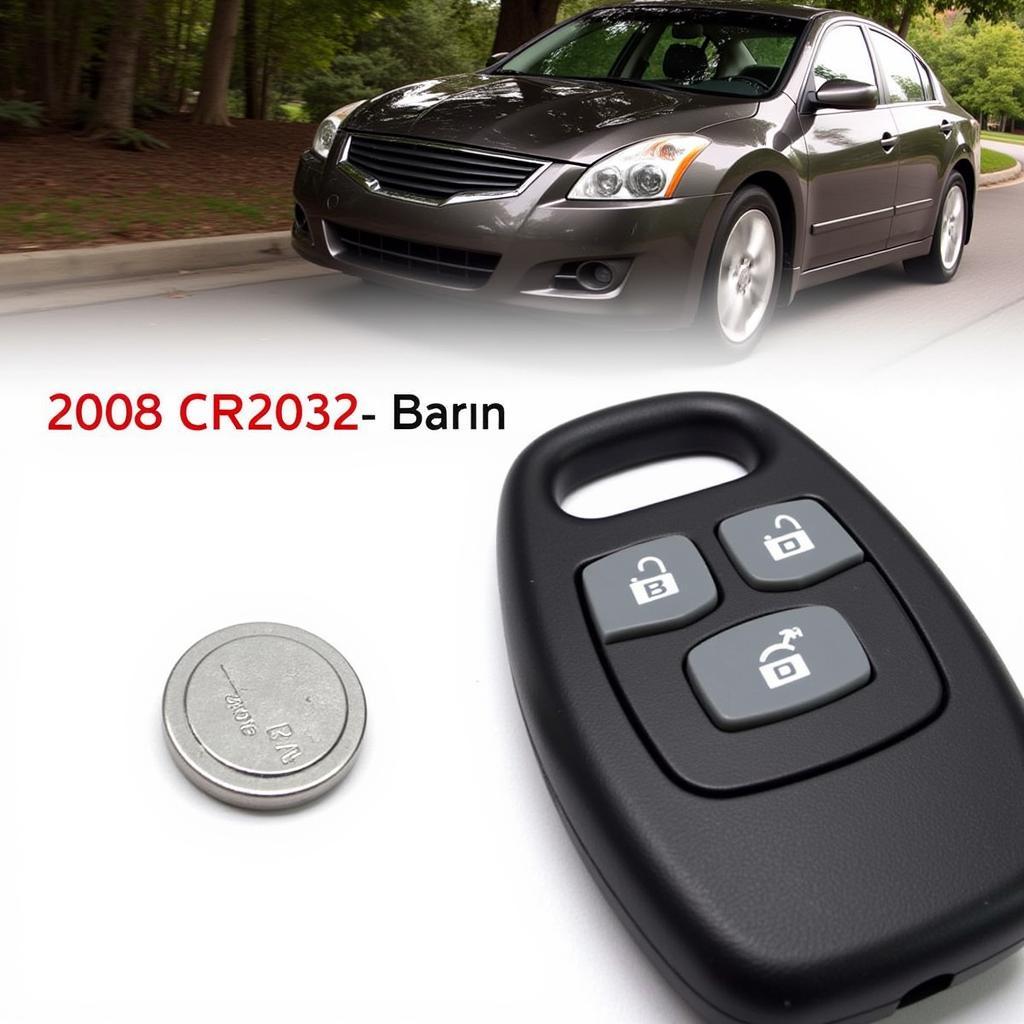 Close-up view of a CR2032 battery alongside a 2008 Nissan Altima key fob, showcasing compatibility.