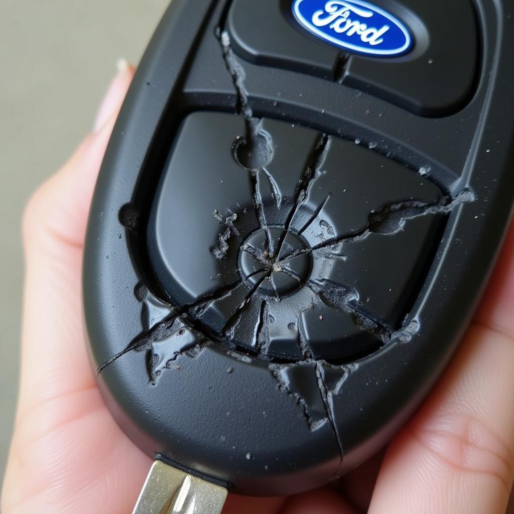 Damaged Ford Escape key fob with cracks and water damage