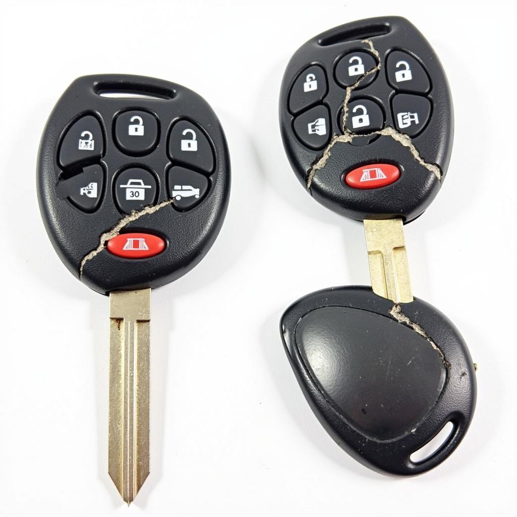 A damaged Nissan Rogue key fob