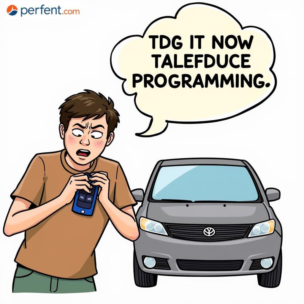 DIY Key Fob Programming Risks: A frustrated person holding a car key fob and looking at their car.