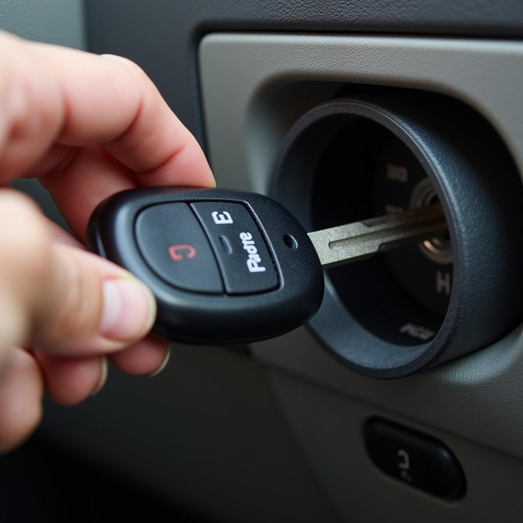 Dodge Caravan key fob inserted into the ignition to start the car