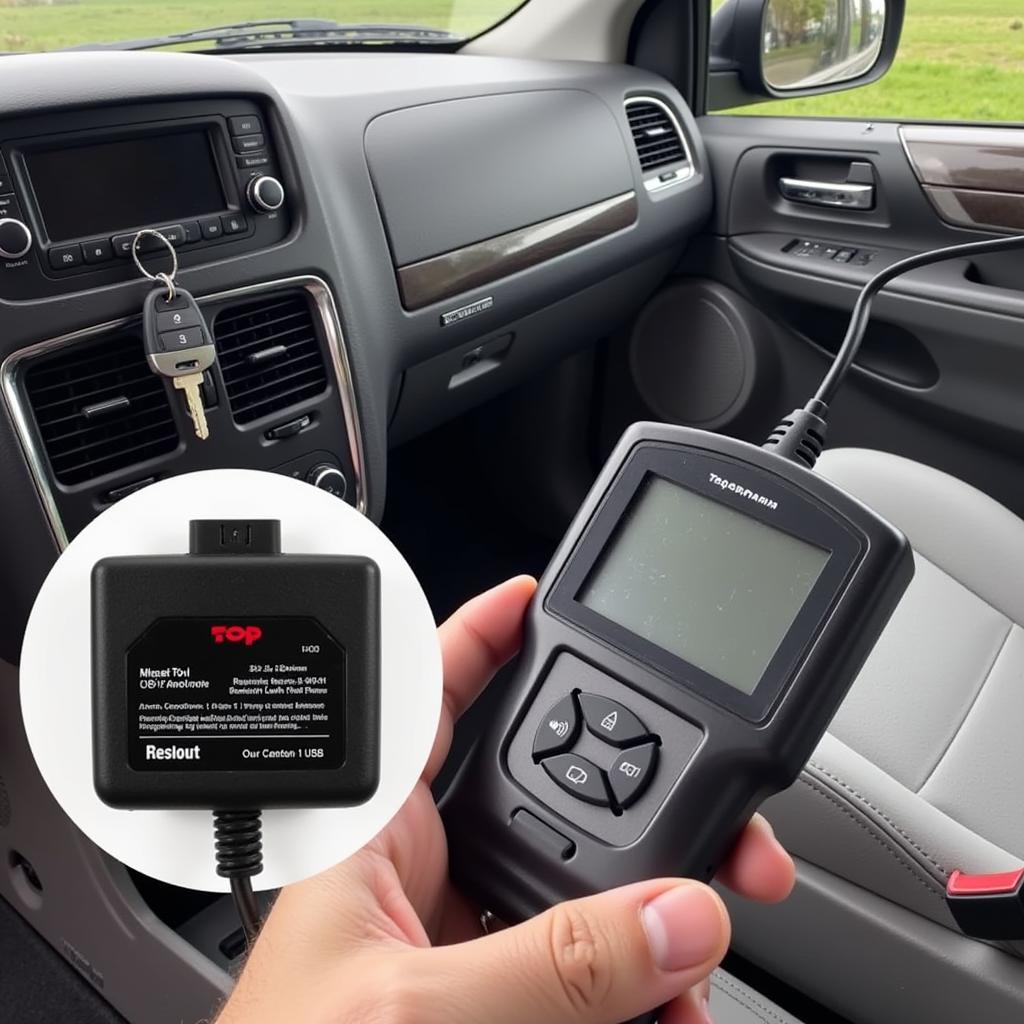 Programming a new Dodge Caravan key fob with a diagnostic device.