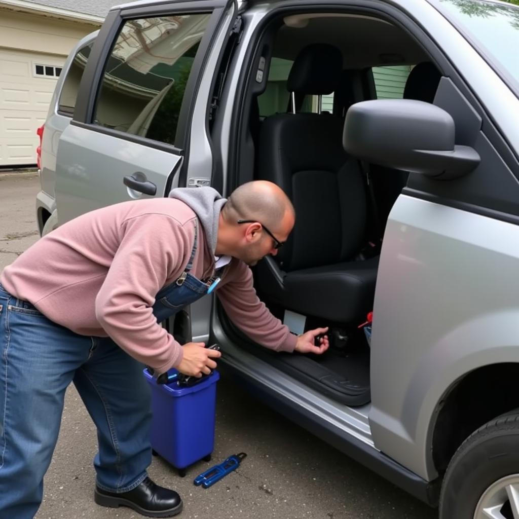 A locksmith opening the door of a Dodge Caravan.