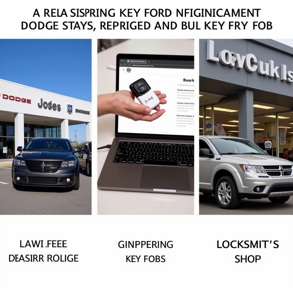 Different options for 2013 Dodge Grand Caravan key fob replacements, including a dealership, online retailer, and locksmith.