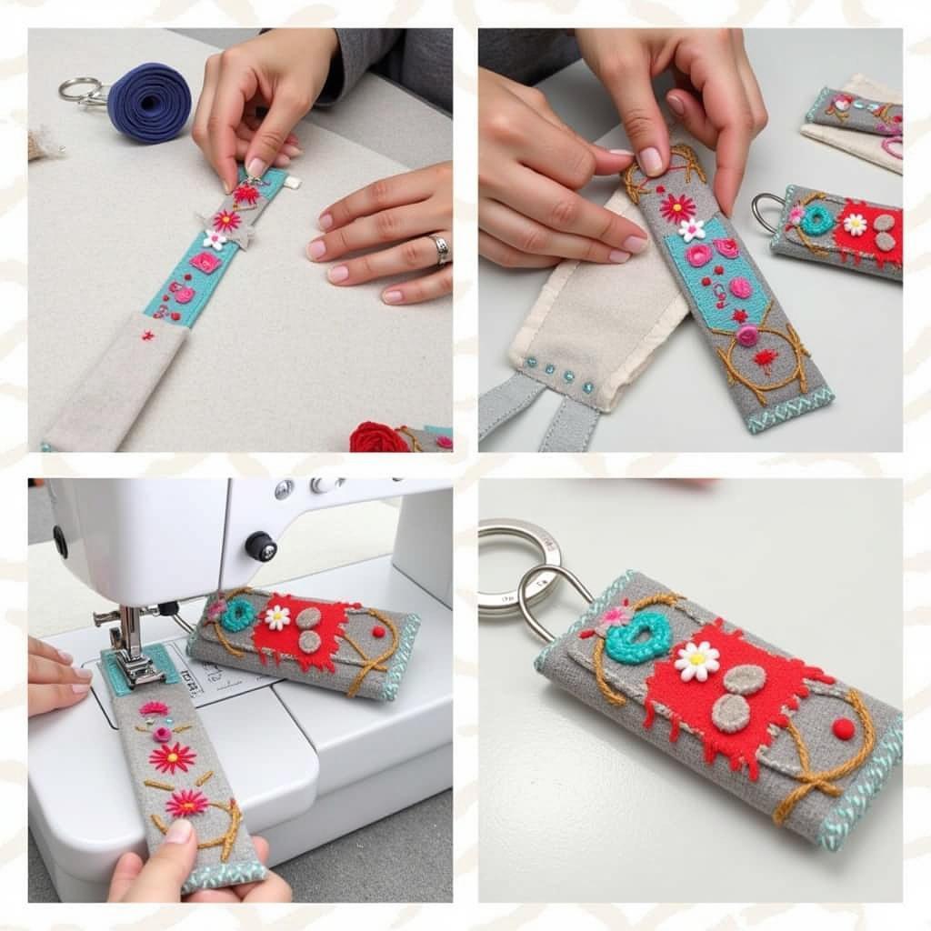 Fabric Key Fob Production Process: Cutting, Sewing, Embellishing, Attaching Hardware