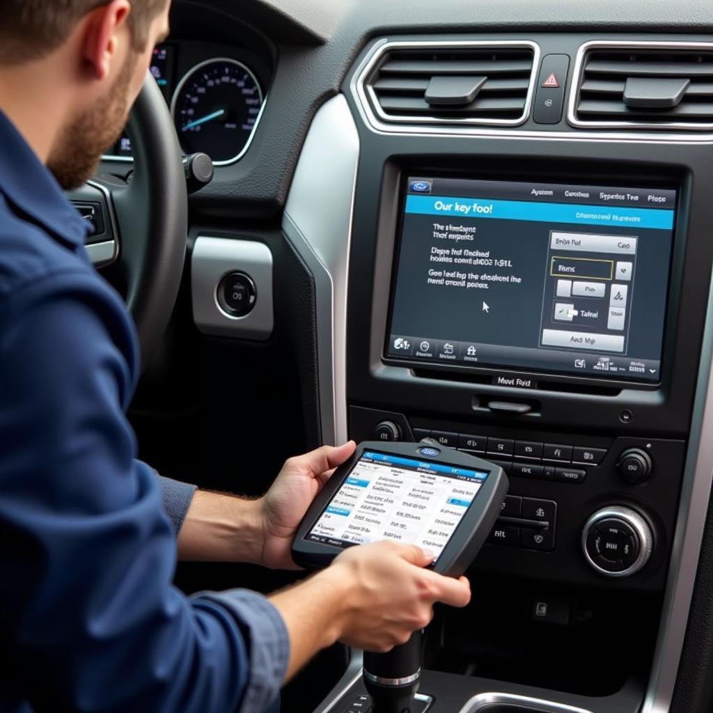 A mechanic using a diagnostic tool to troubleshoot a Ford Explorer key fob issue.