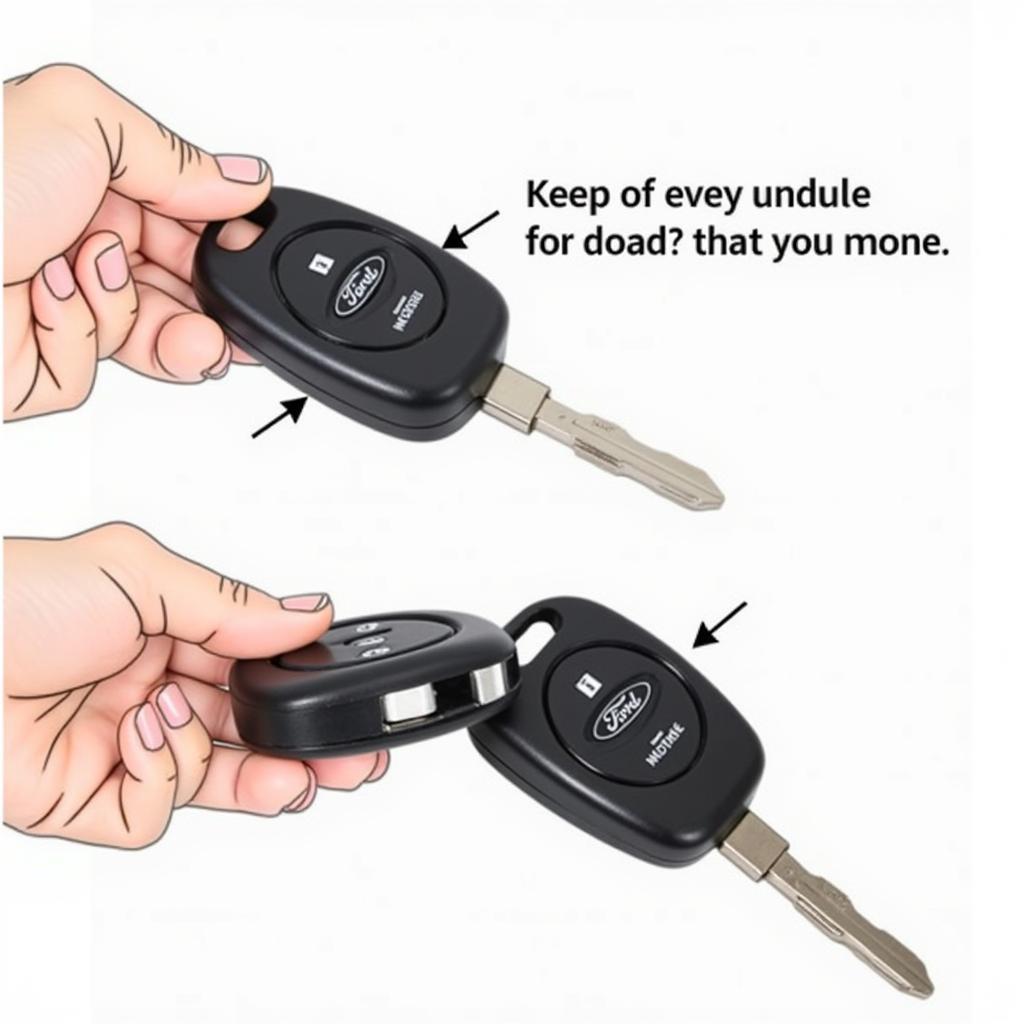 Reassembling a Ford Fiesta Key Fob: Showing the process of aligning and snapping the two halves of the key fob casing back together.