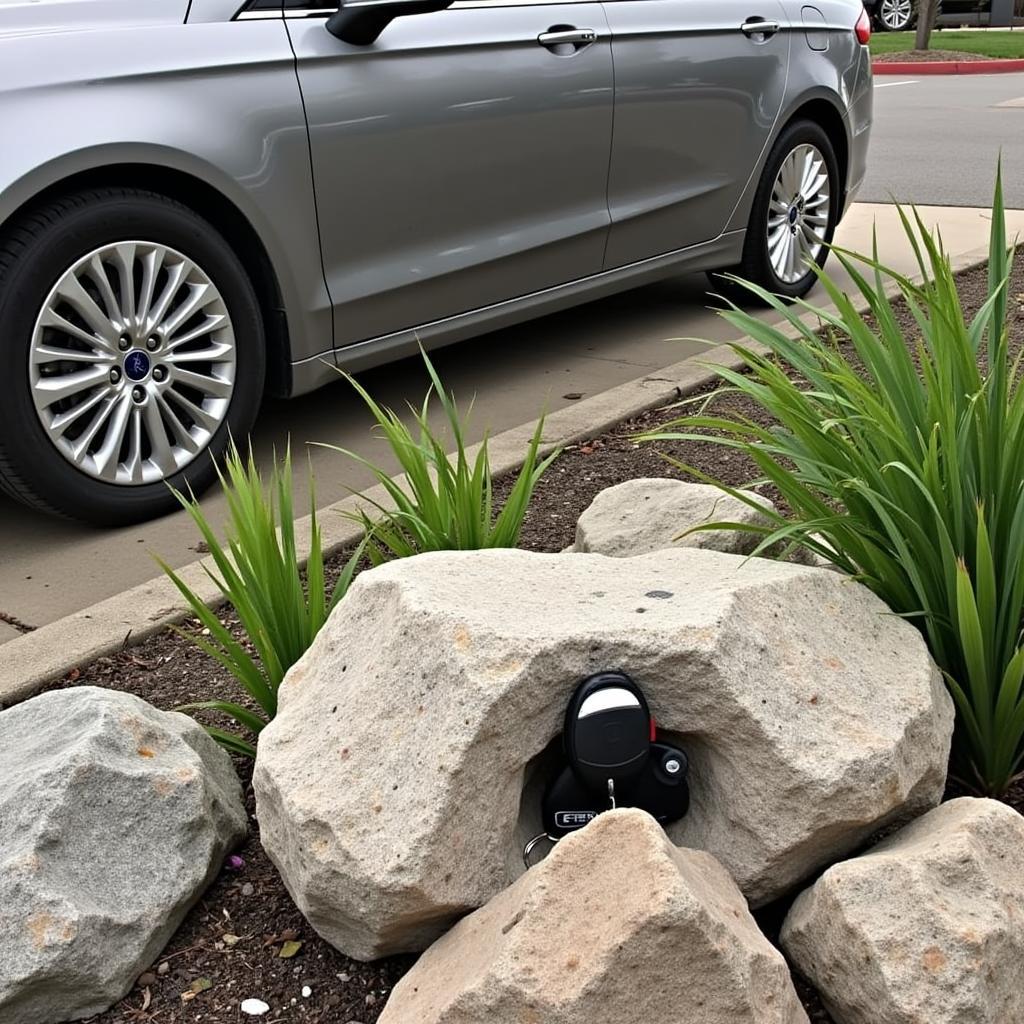 Hiding a Key Fob in a Fake Rock Near a Ford Fusion