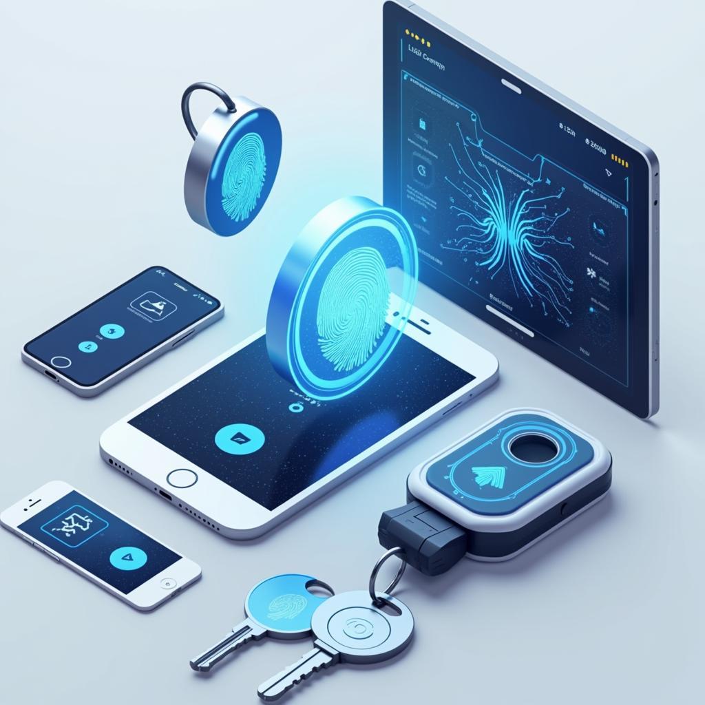 A conceptual image illustrating the integration of key fob technology with smartphones and biometric security features.