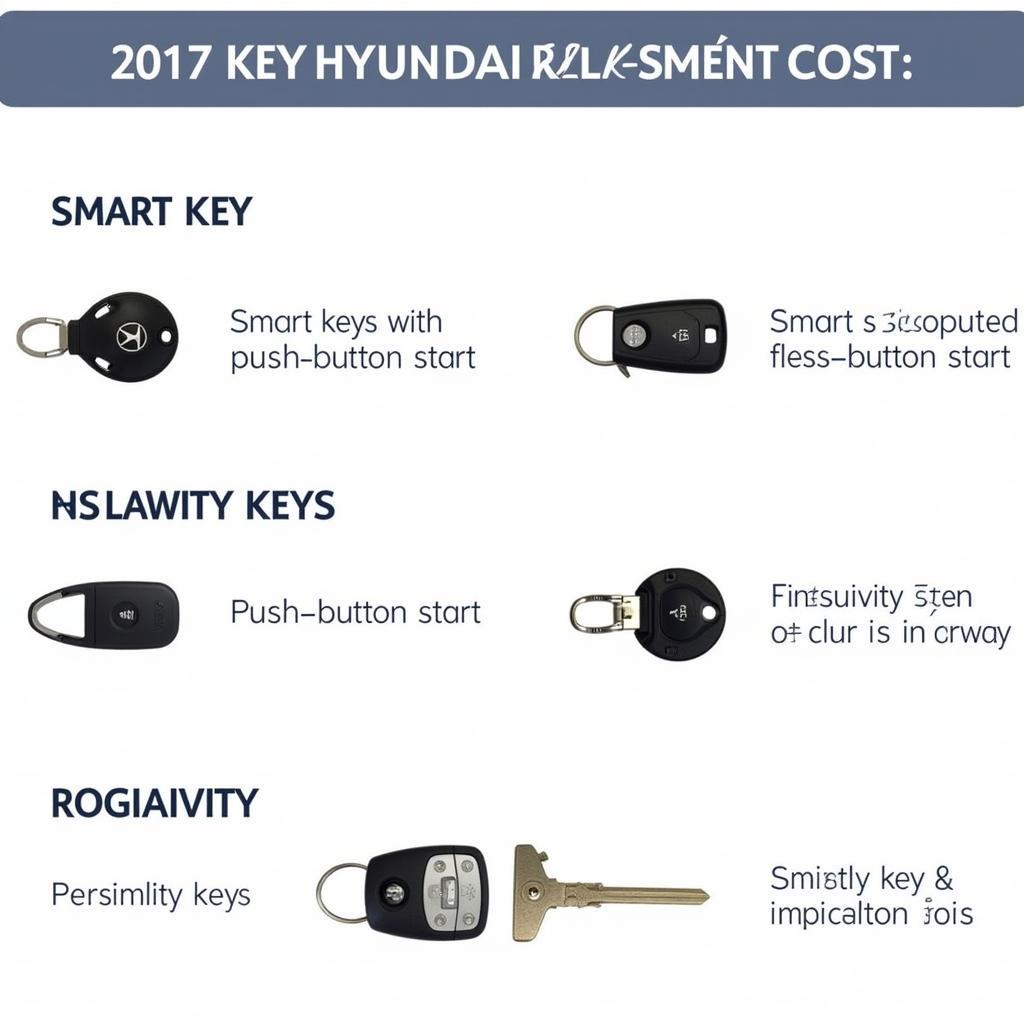 2017 Hyundai Key Fob Replacement Cost: A visual guide showing different types of Hyundai key fobs from 2017, including basic remotes, smart keys, and proximity keys.