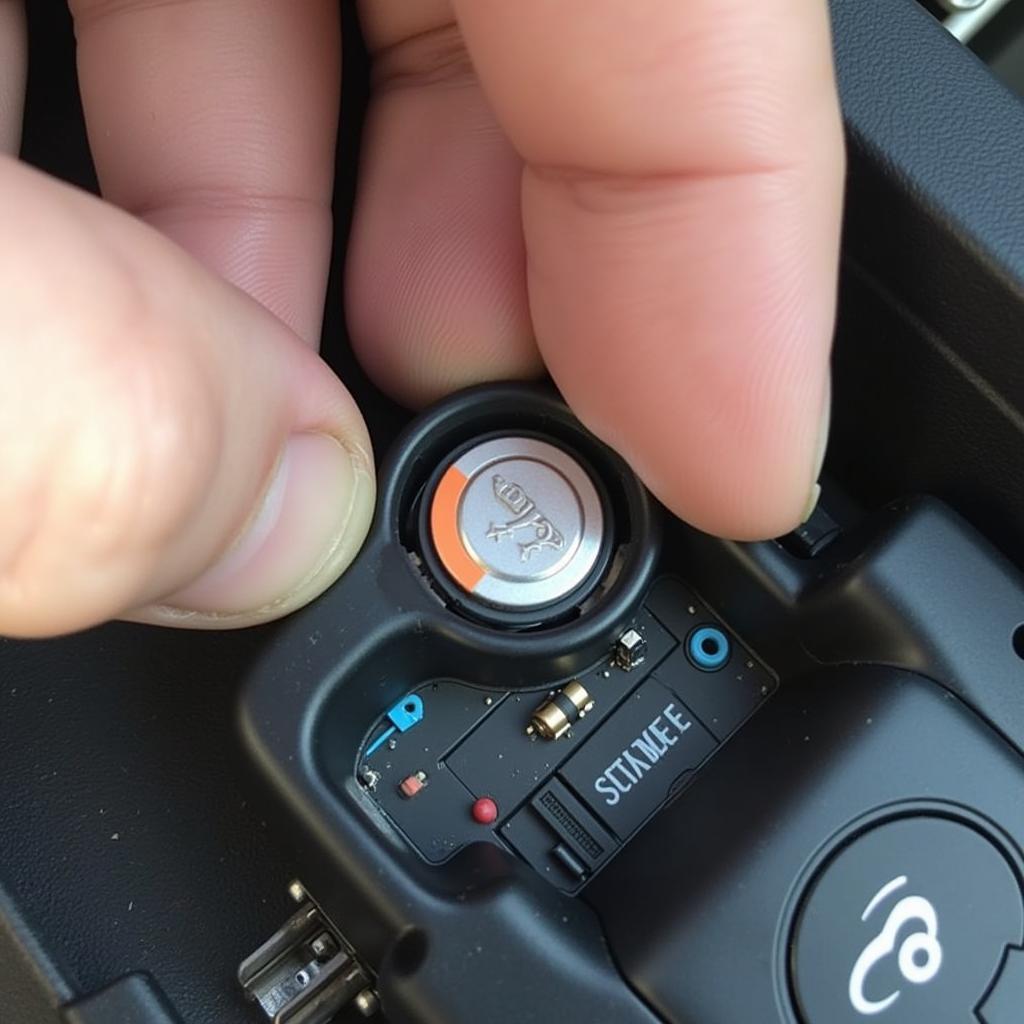 Inserting a new CR2032 battery into the key fob of a 2015 Honda CR-V