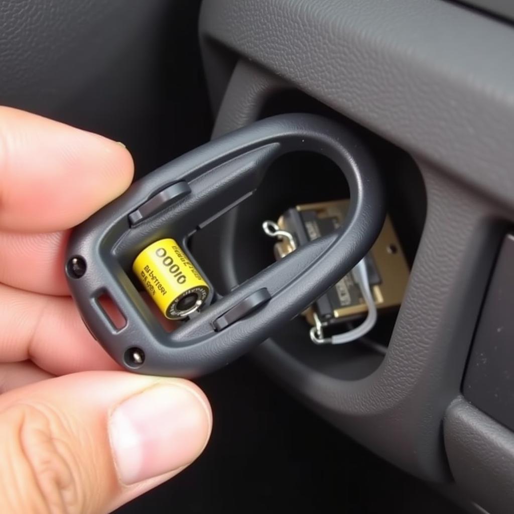 Installing New CR2032 Battery in a Volvo XC60 Key Fob: Positioning the new battery correctly within the key fob compartment.