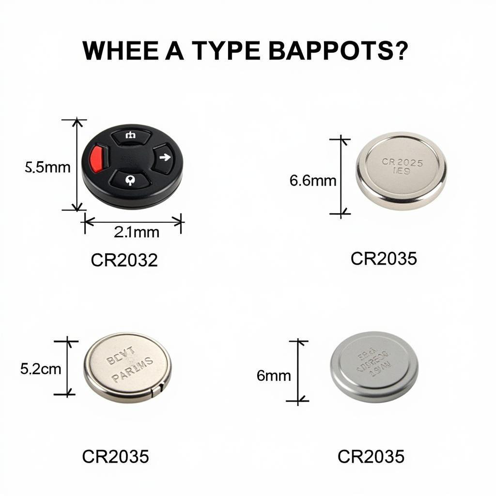 Various key fob battery types and sizes commonly used in vehicles.