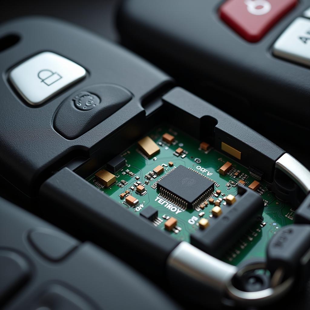 Close-up of a key fob circuit board showing complex components