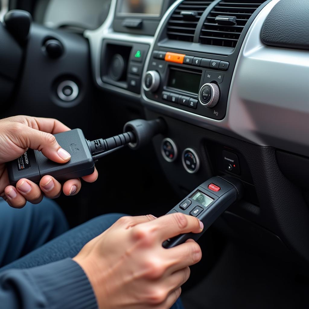 Key Fob Programming Process: Technician connecting a car to a diagnostic computer for key fob programming.