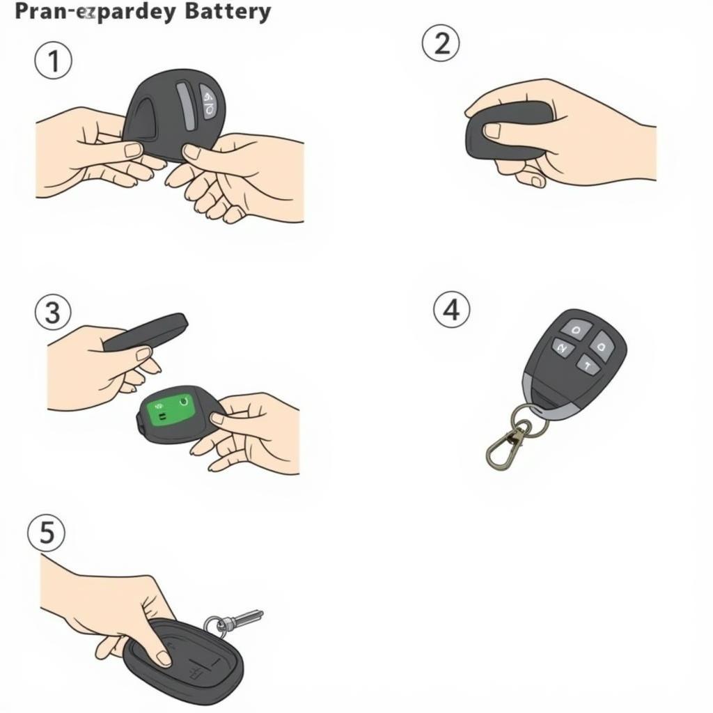 Step-by-step illustration of the key fob battery replacement process, showing the release tab, key separation, opening the fob, and battery replacement.