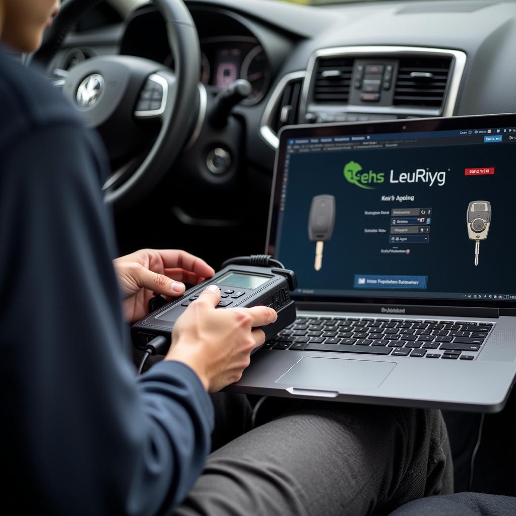 Locksmith using a diagnostic tool on a car to program a key fob