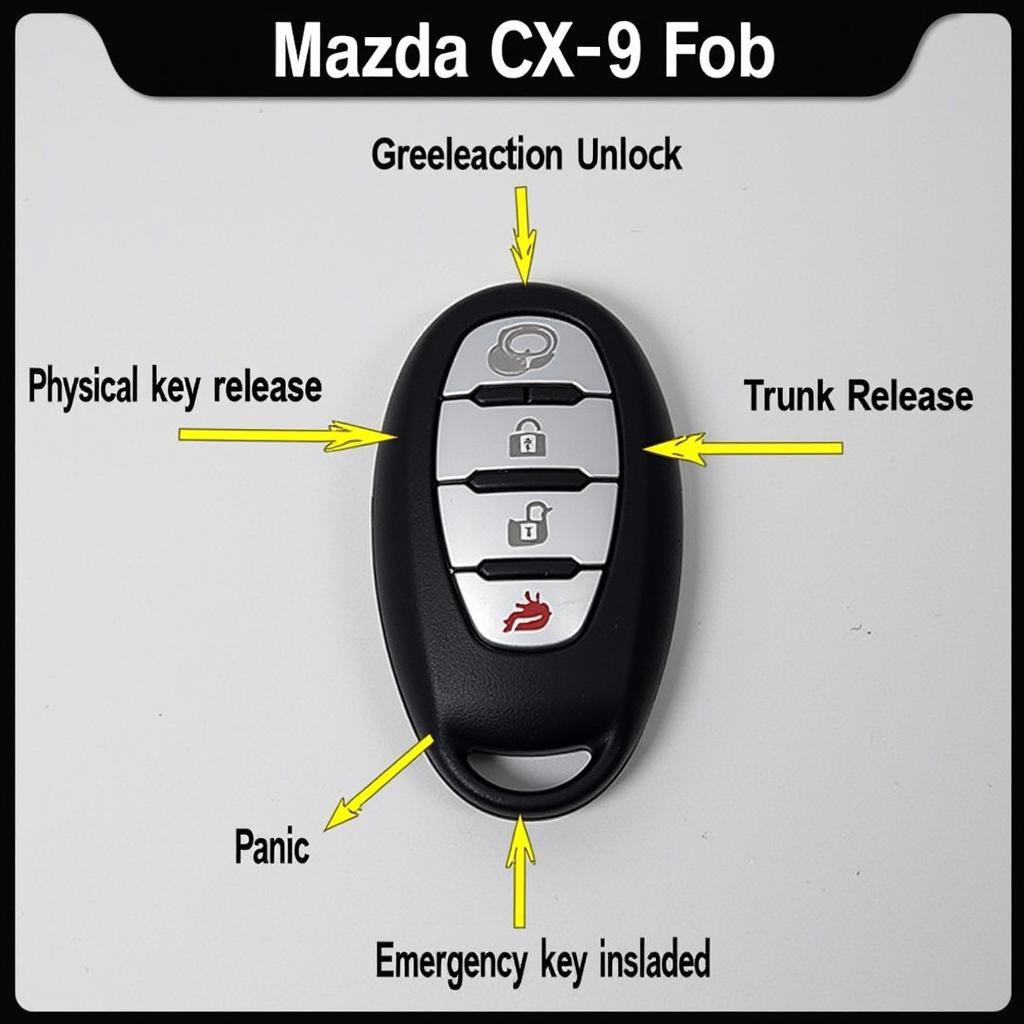 Mazda CX-9 key fob overview, showing its various buttons and the physical key slot.