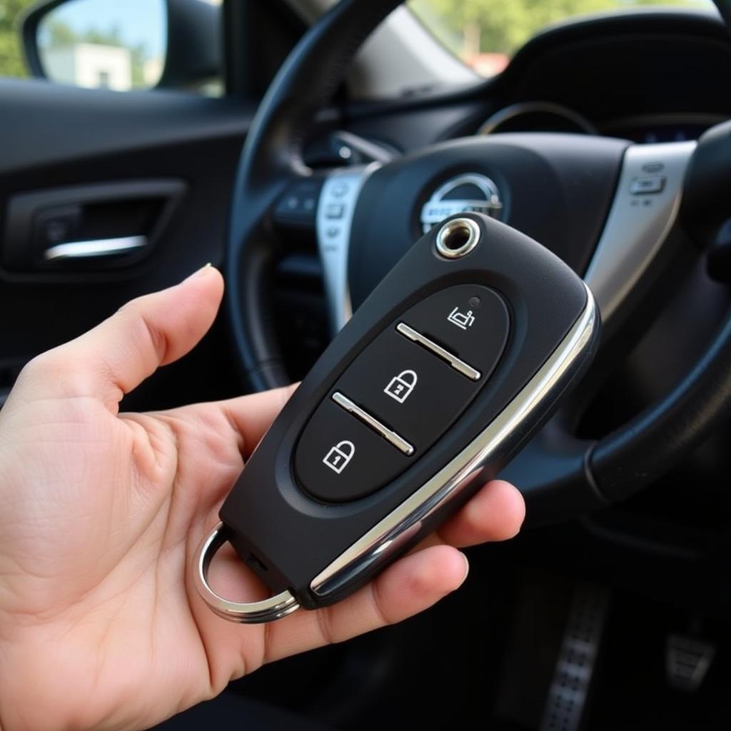 A 2017 Nissan Altima with its key fob