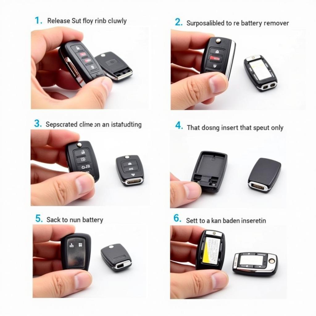 Step-by-step visual guide for replacing the battery in a Nissan Altima key fob, including opening the fob, removing the old battery, and inserting the new one.