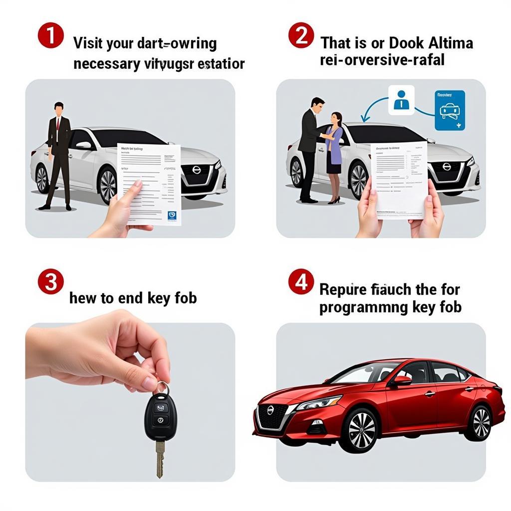 Nissan Altima Key Fob Replacement Process: A step-by-step visual guide illustrating the process of replacing a lost or damaged Nissan Altima key fob.