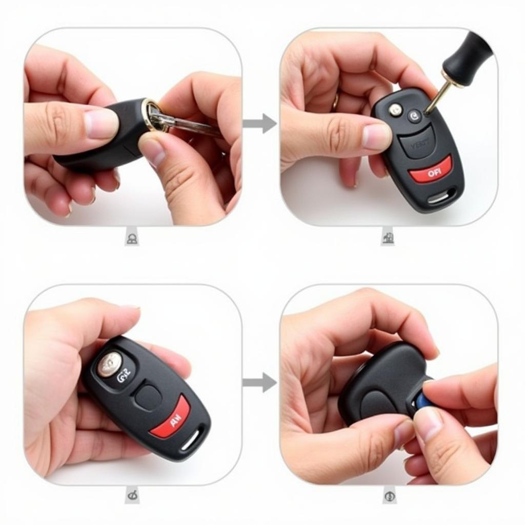 Step-by-step guide for replacing a Nissan key fob battery, including opening the fob, removing the old battery, and inserting the new one.