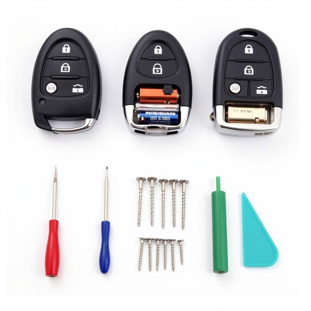 Different Nissan key fob battery types and tools required for replacement