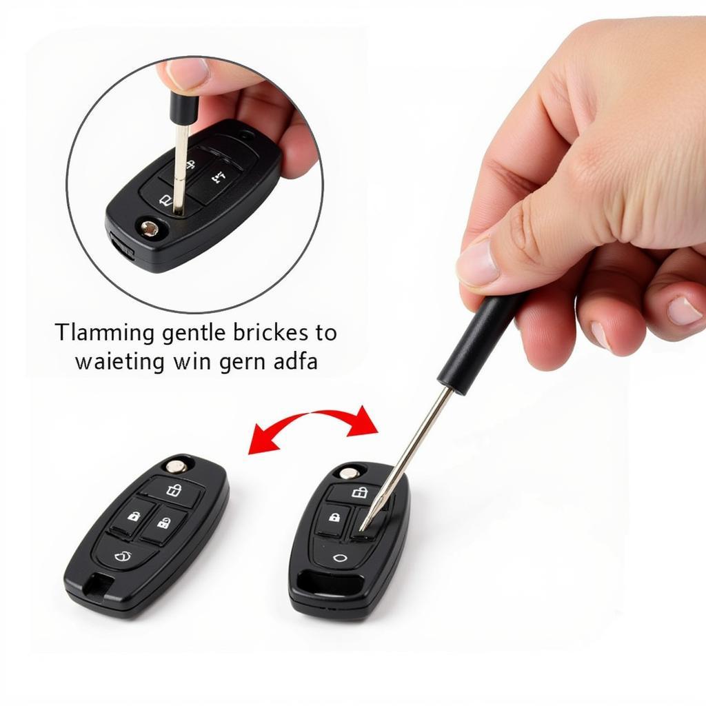 Opening a 2015 Toyota Corolla Key Fob Case: Detailed close-up showing how to use a flathead screwdriver to carefully pry open the key fob casing at the designated notch, with emphasis on avoiding excessive force.