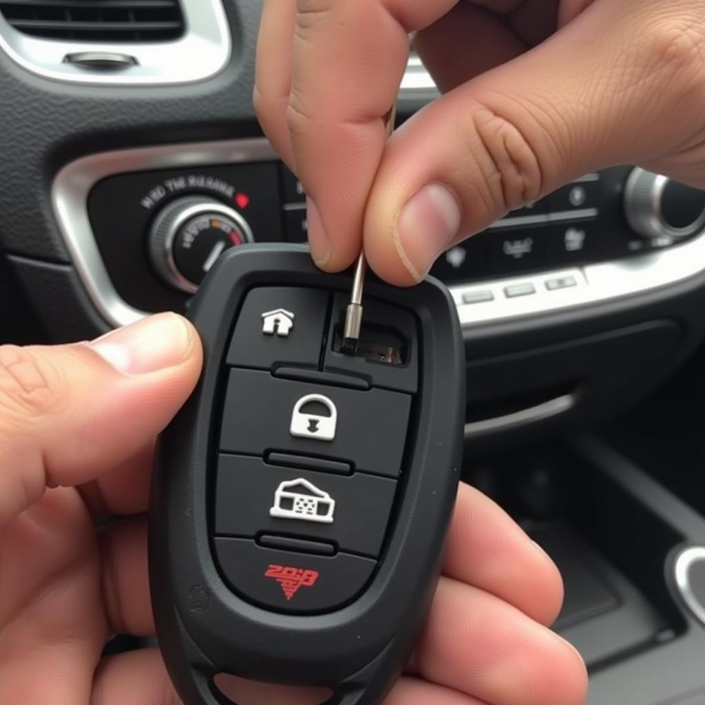 Opening a 2018 Dodge Challenger key fob with a flathead screwdriver.