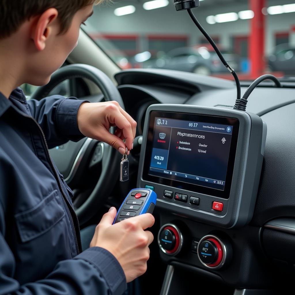 Automotive Technician Programming a Key Fob