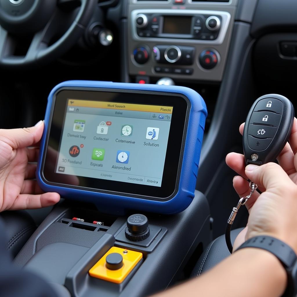 A technician programming a car key fob using specialized equipment