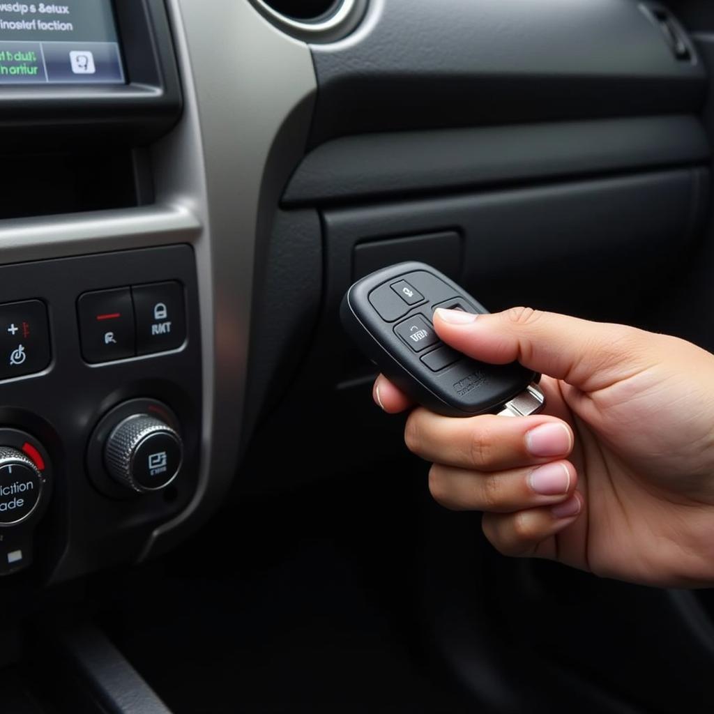 A person programming a 2019 Toyota Tundra key fob using the vehicle's ignition and key fob buttons.