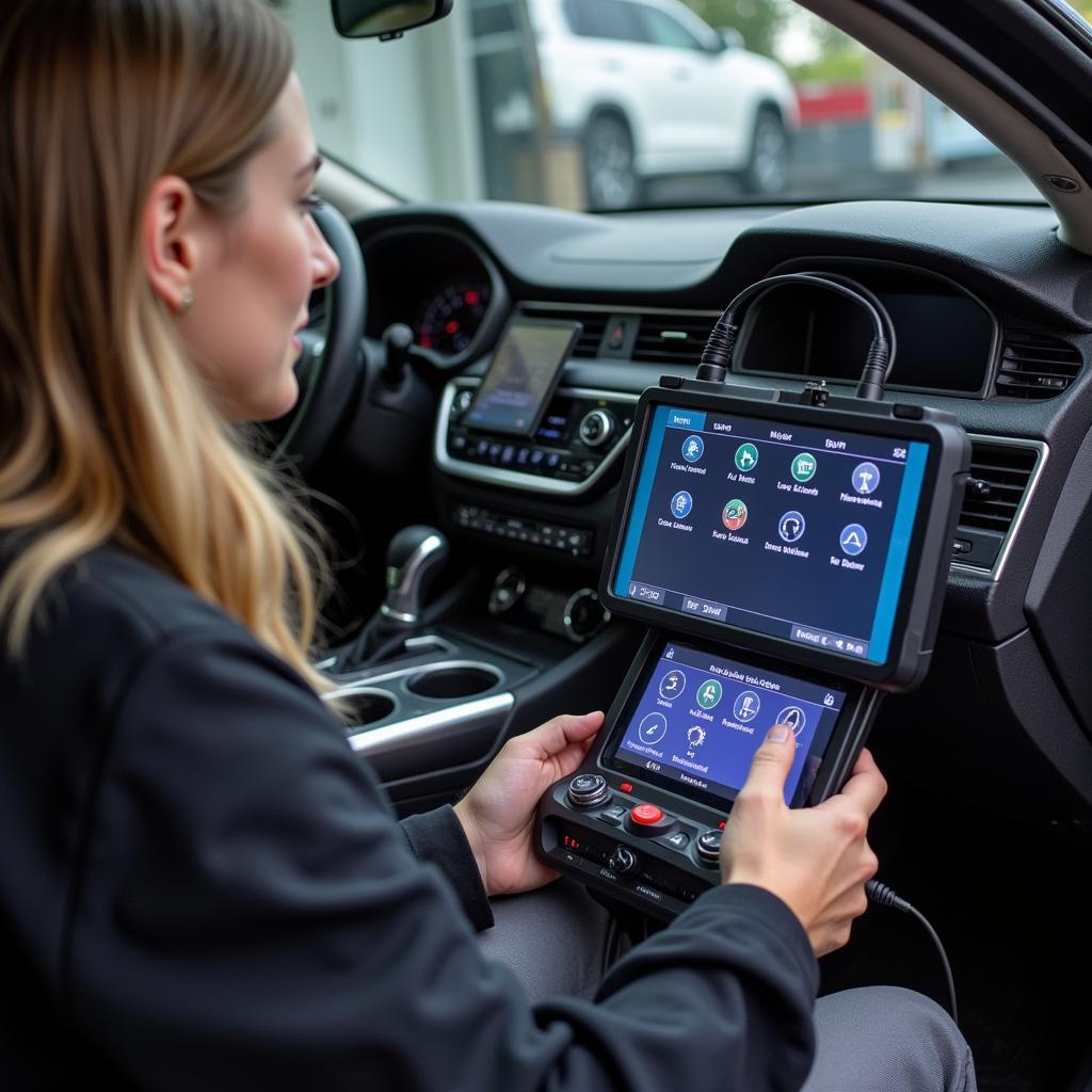 Programming a 2023 Nissan Altima Key Fob: A technician programming a new key fob for a 2023 Nissan Altima using specialized diagnostic equipment.