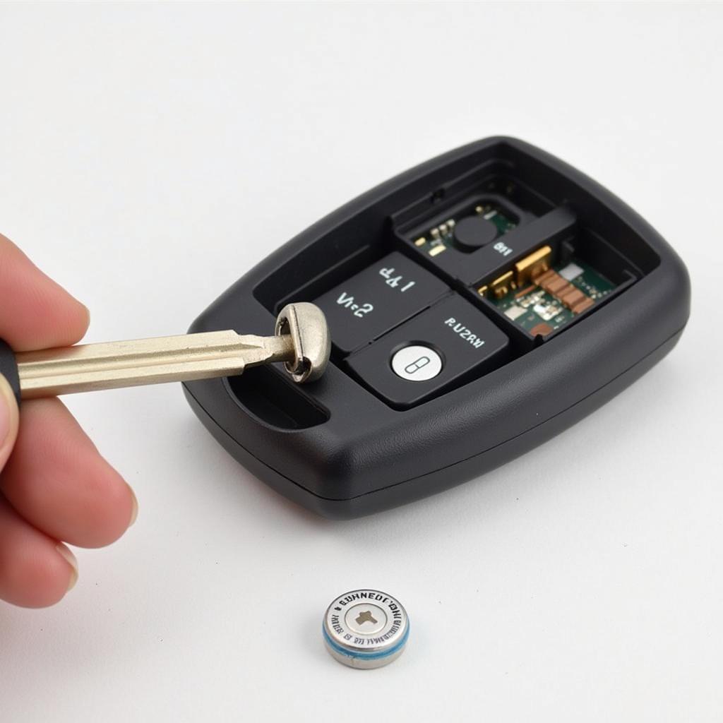 Replacing the CR2032 battery in a 2010 Subaru Impreza key fob with a small screwdriver and the new battery.