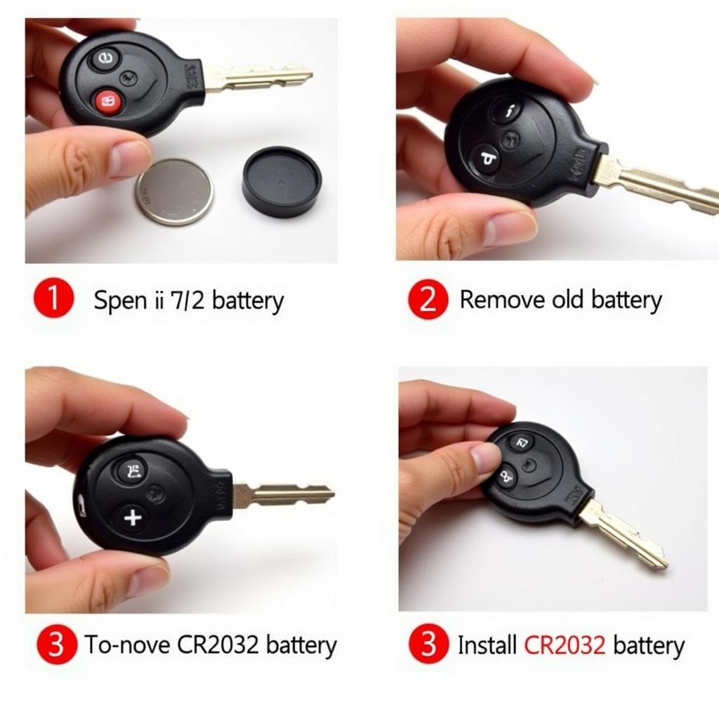 Replacing 2014 Ford Fusion Key Fob Battery Step-by-Step:  Illustrating each step of the battery replacement process using a flathead screwdriver.