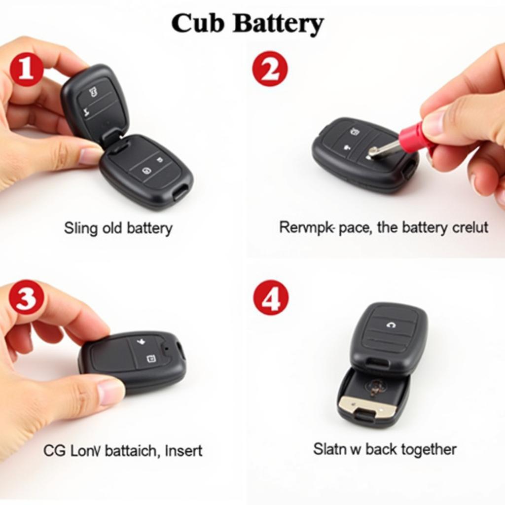 Replacing the CR2032 Battery in a Honda CR-V Key Fob: Steps showing opening the fob, removing the old battery, inserting the new one, and closing the fob.