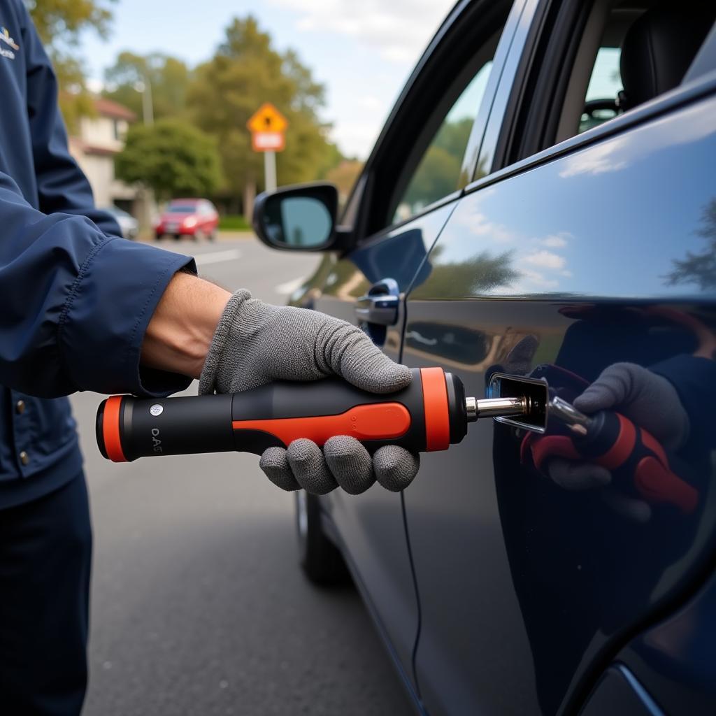 Roadside Assistance Technician Unlocking a Car